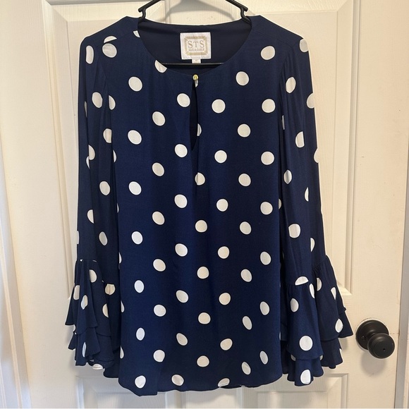 Sail to Sable Navy Polka Dot Ruffle Sleeve Blouse Size Medium - Picture 2 of 6